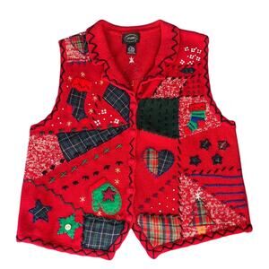 Designers Studio Originals Christmas Patchwork Sweater Vest P/L Red Holiday Vest